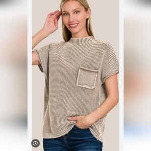 Zenana Outfitters Knit Beige Short Sleeve Moc Neck Mineral Wash Sweater Boutique